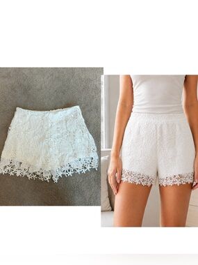 White Floral Crochet Lace Shorts Sz L Scalloped Hem Lined Feminine Summer Resort